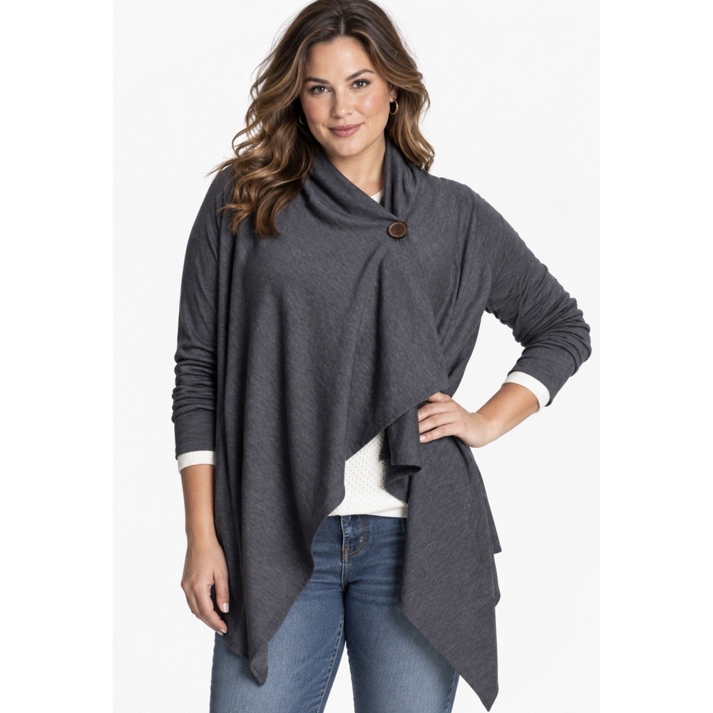 NEW Bobeau Cardigan XL- 3X Gray One Button Wrap Draped Asymmetrical Knit Sweater